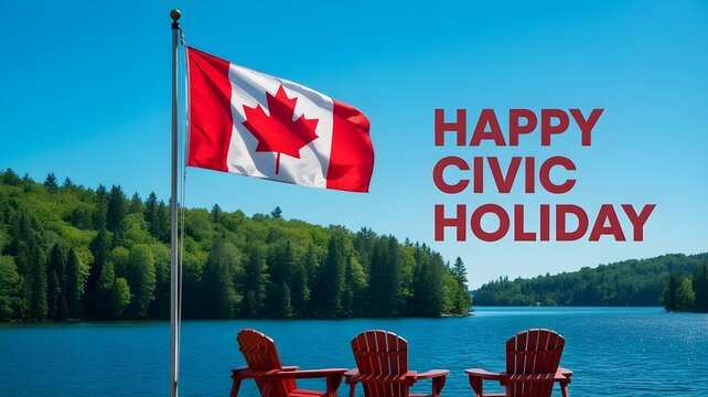 Happy civic holiday canada celebrating with canadian flag and lakeside chairs