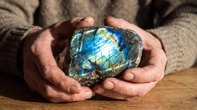 Close-up of Man Holding a Large Iridescent Labradorite Gemstone with Blue Flash