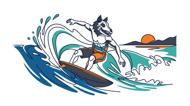 Minimalist vector illustration of a humanoid surfer with a wolf skull head riding a large turquoise and blue wave against a sunset beach horizon with a setting sun and mountains.