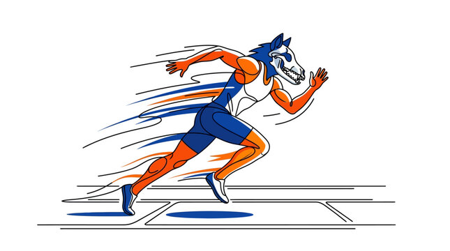 Vector illustration of a professional sprinter running fast on a track wearing a wolf skull head mask, orange and blue graphic design style with motion lines on a white background.