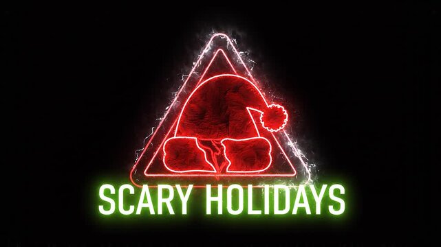 Spooky Christmas Holiday Warning Sign with Glowing Neon Animation and Creepy Santa Hat Symbol for Dark Backgrounds