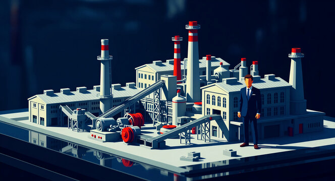 Businessman in suit standing by a miniature 3D industrial factory model. Detailed isometric scene featuring chimneys and manufacturing machinery. Industrial management and investment concept.