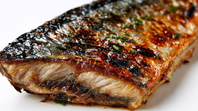 degree Angle Close-Up of a Succulent Grilled Saury Fillet with Charred Skin