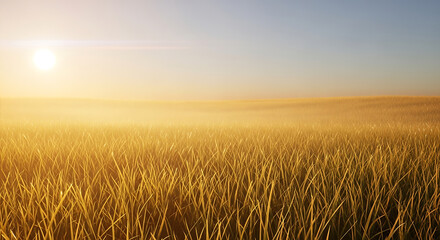 Obraz premium Golden wheat field under warm sunset light with sun rays shining through horizon