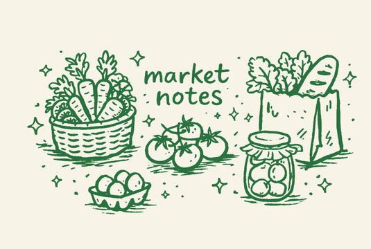 Hand drawn farmers market notes vector illustration, rustic green line art grocery icons, organic food basket and fresh produce sketch