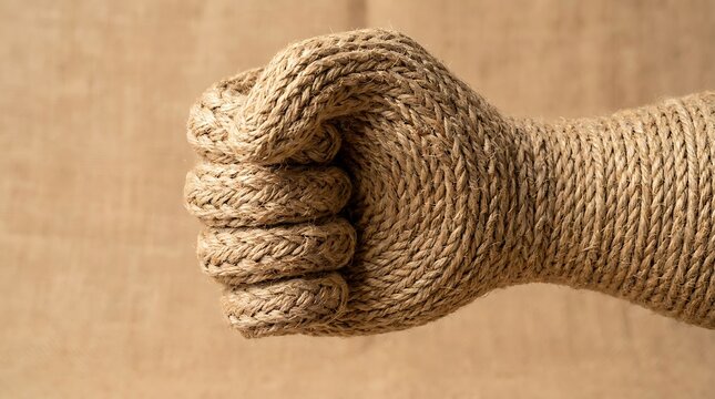 Fist shaped from thick jute rope symbolizes strength and unity against a textured burlap background.
