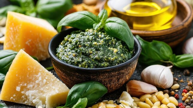 Freshly made pesto sauce with basil, parmesan, pine nuts, garlic, and olive oil