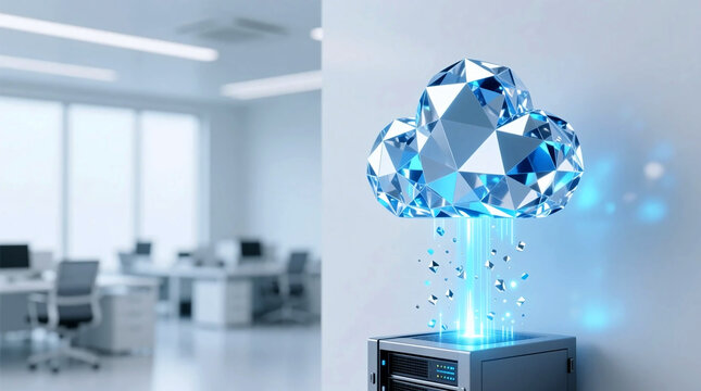 Migrating corporate data to futuristic crystal cloud icon above server in bright office room, eye-level 3D illustration of digital transformation strategy
