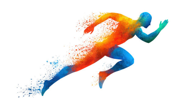 Dynamic colorful running athlete silhouette with vibrant paint splash effect representing speed fitness endurance and sports isolated on white background