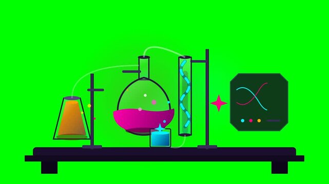 Animated Chemistry Laboratory Experiment Setup with Bubbling Flasks and Data Analysis Screen.. 4k SVG Loop Animation