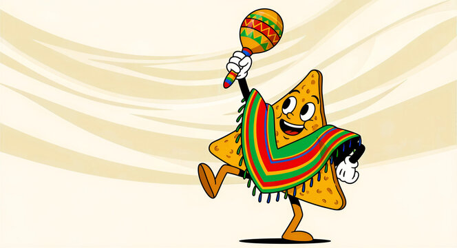 Cartoon nacho character wearing a poncho and shaking a maraca. Retro mascot celebrating Mexican culture with festive dance. Fiesta concept for snack food marketing and Cinco de Mayo.
