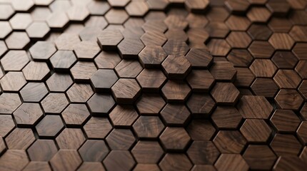 Naklejka premium Hexagonal wooden tiles create a three-dimensional geometric relief that adds depth and tactile interest to this architectural wall paneling.