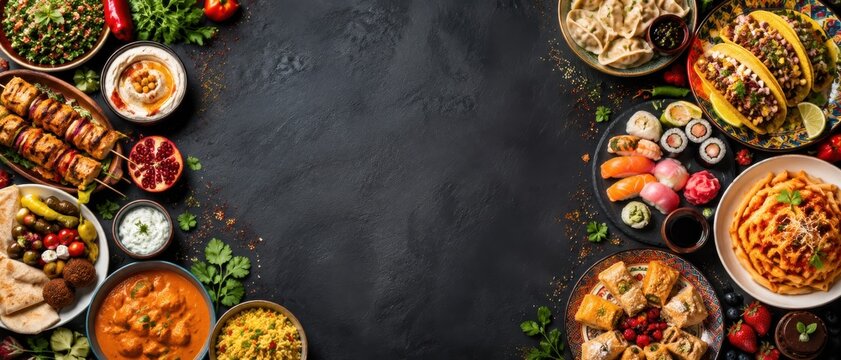 International feast featuring diverse dishes on a dark slate table