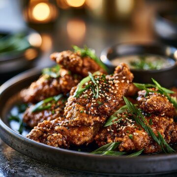 Crispy Korean fried chicken platter with sesame and green onions