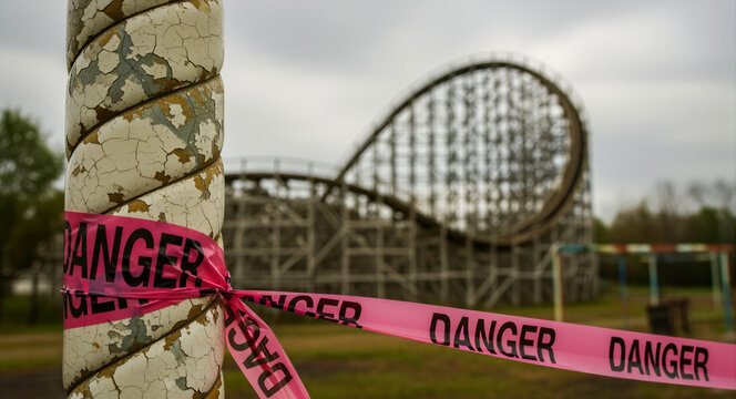 Pink danger tape wrapped on a post in an abandoned amusement park. A blurred wooden roller coaster stands decaying in the background. Concept of safety risk and urban decay for commercial use.