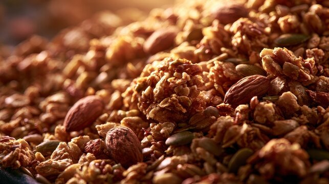 Close-up of crunchy granola with nuts and seeds on dark background