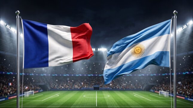 Crossed flags of France and Argentina in a professional football arena