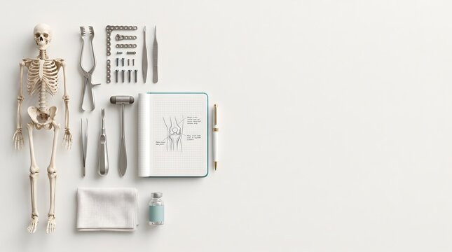 Orthopedic Surgery Instruments with Human Skeleton Model and Bone Fixation Hardware