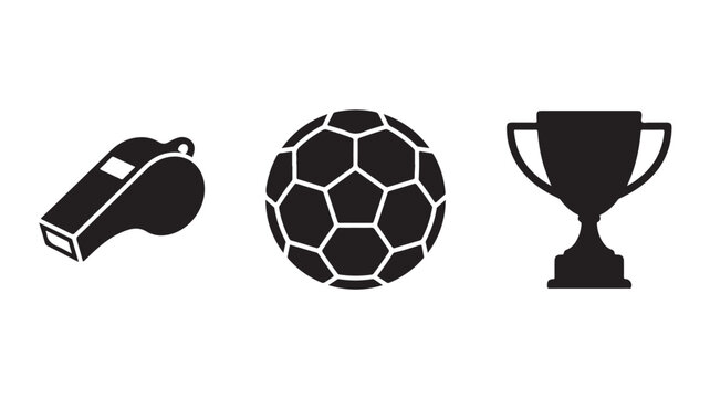 Black icons of soccer whistle, ball and trophy for sports design, championship and referee concepts