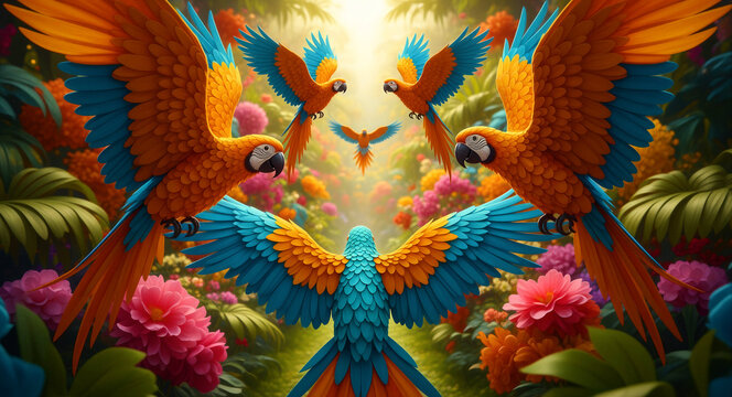 Macaws flying through a lush tropical jungle with vibrant flowers. Stylized exotic parrots in symmetrical flight toward bright sunlight. Paradise theme for travel and nature marketing.
