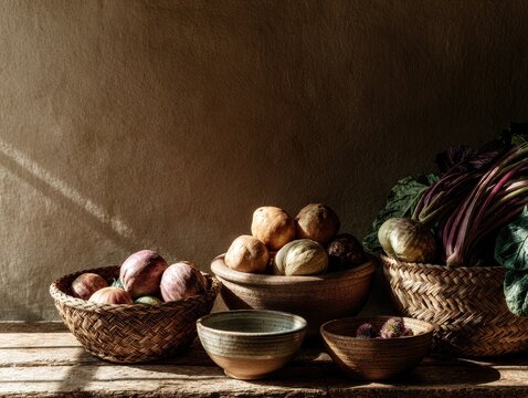 Fresh vegetables and fruits arranged in rustic bowls on wooden table