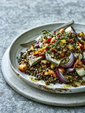 Colorful lentil salad with roasted vegetables on a rustic plate
