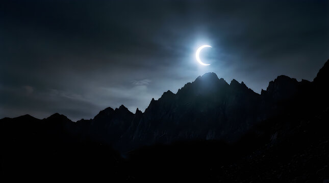 Partial solar eclipse with crescent sun visible over jagged mountain peaks under a dark, dramatic sky.