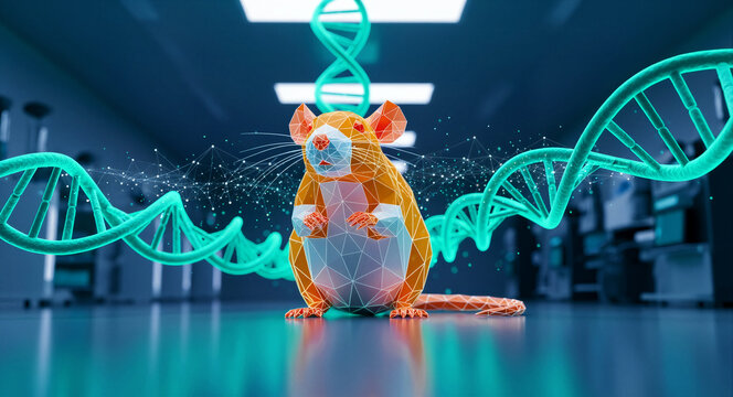 Low-poly orange mouse standing amidst glowing DNA helix structures in a high-tech laboratory. Digital network particles surround the rodent. Biotechnology and genetic engineering research concept.