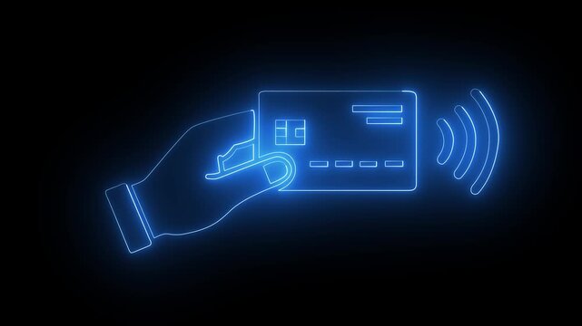 Glowing neon Hand holding a contactless Blue color credit card icon for fast digital payment systems. representing for wireless signal waves, secure transaction, business and finance concepts. 4k 