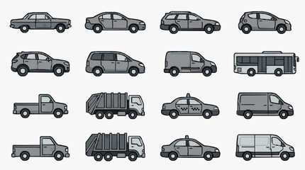 Creative Collection of 16 Monochromatic Line Drawn Vehicles Including Cars Trucks Vans and Special Service Vehicles © komang