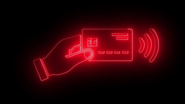 Glowing neon Hand holding a contactless red color credit card icon for fast digital payment systems. representing for wireless signal waves, secure transaction, business and finance concepts. 4k 