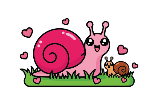 Cute Cartoon Pink Snail and Baby on Grass with Hearts