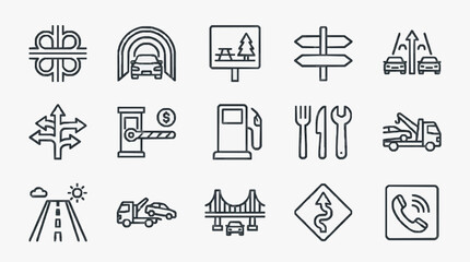 Creative Black and White Line Icons Set Featuring Transportation Services and Direction Symbols for Various Uses © komang