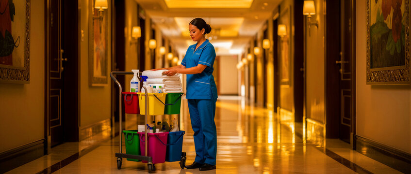 Hotel maid in blue uniform organizing towels on a housekeeping cart. Professional cleaner preparing supplies in a luxury hallway. Hospitality concept, ideal for tourism and staff training materials.