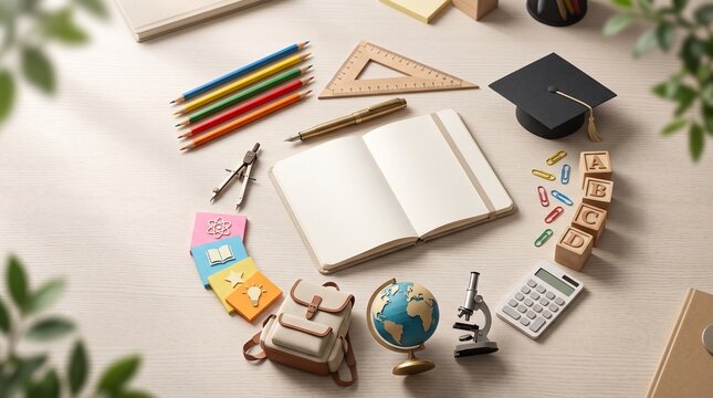 A high-angle studio shot of educational stationery and study tools arranged around an open notebook on a light beige background, featuring a globe, microscope, graduation cap, and school supplies.