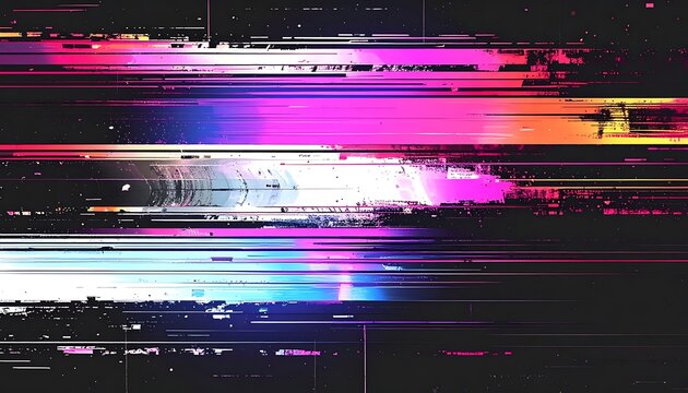 Digital data stream glitch effect with colorful neon light streaks and pixel noise, abstract technology background