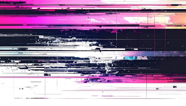 Digital glitch art with horizontal lines, pixelation, and vibrant pink and blue colors, abstract data corruption effect