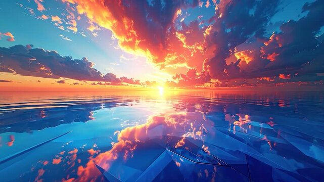 A vibrant sunset casts a fiery glow over mirrored water and stylized glassy forms