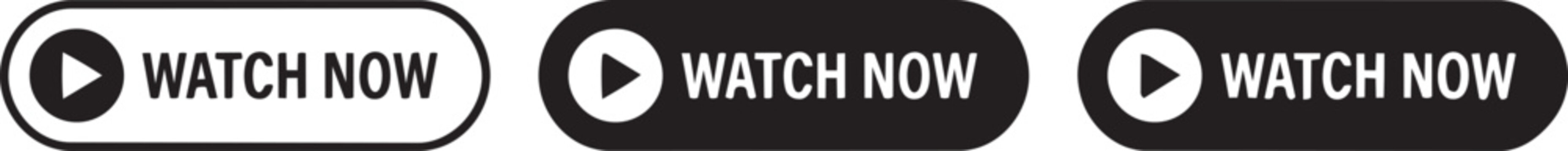 Three sleek watch now button designs featuring bold black and white rounded rectangles with play icons for digital web interfaces