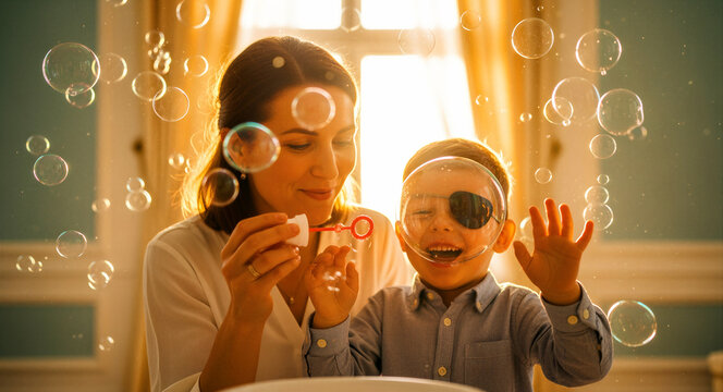 Mother blowing soap bubbles for son wearing an eye patch. Happy family enjoying playful moment in sunlit room. Inclusive parenting concept for healthcare and lifestyle marketing.