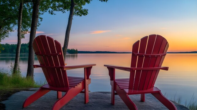 Civic holiday lakeside relaxation red adirondack chairs at sunset