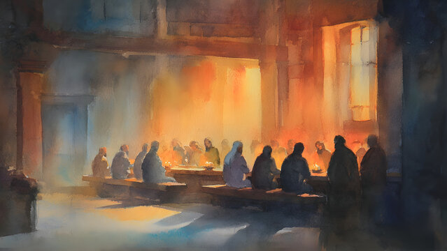 Biblical Scene, Last Supper: A group of figures gathered around a table in a dimly lit room, reminiscent of the Last Supper, illuminated by warm, dramatic light from a large window.