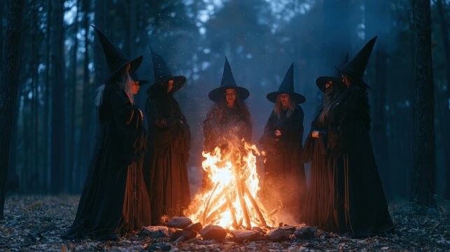 Five witches in black robes and pointed hats gather around a bonfire in a dark forest