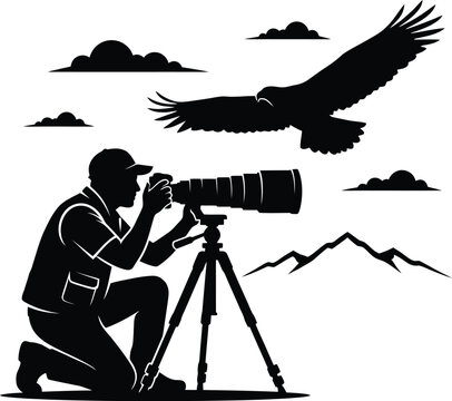Photographer silhouette capturing nature with a professional camera on a tripod featuring a flying eagle over distant mountain peaks in a minimalist black and white style