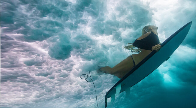 Underwater Portrait of Female Surfer Holding Board Below Surface