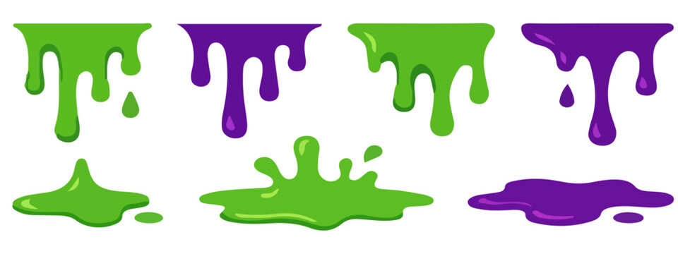 Vibrant Slime Drips and Splatters: A collection of colorful, gooey slime elements in green and purple, featuring drips, splatters, and puddles, perfect for creative designs.