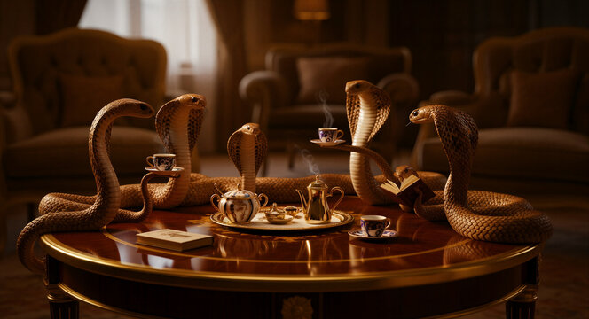 Cobras sitting around a table having afternoon tea in a luxury living room. Snakes holding teacups and reading a book in an elegant vintage setting. Whimsical fantasy concept for creative art.