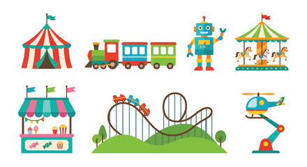 Amusement park themed vector illustrations showcase carnival rides a robot and a striped tent on a white background © Sagor
