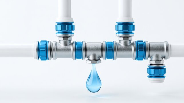 A close-up of plumbing pipes with a dripping water drop. The pipes are silver with blue connectors, and the water drop is clear and blue