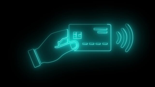 Glowing neon Hand holding a contactless cyan color credit card icon for fast digital payment systems. representing for wireless signal waves, secure transaction, business and finance concepts. 4k 